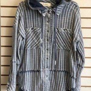 We The Free Navy & White Distressed Striped LS Button down w/hood. Size XS